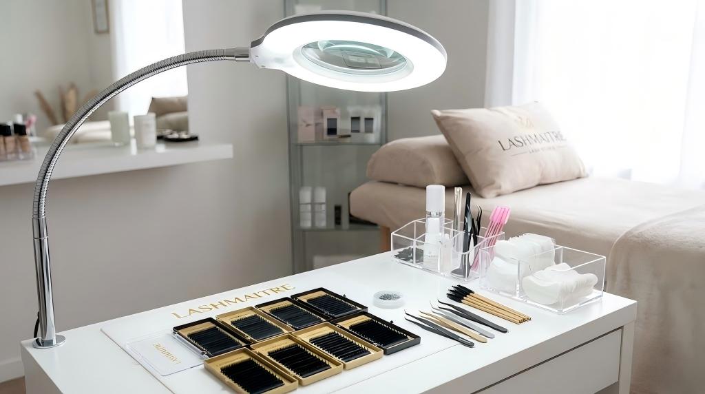 A professional LASHMAITRE salon workstation equipped with high-quality lighting and one of the best magnifiers for eyelash extensions, ensuring precise application and organized tools.