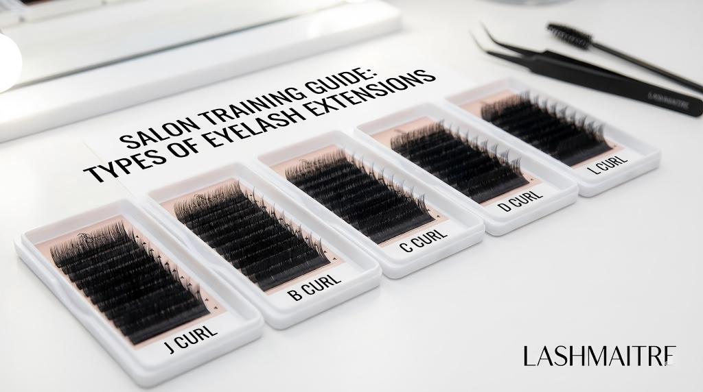 A LASHMAITRE salon training display featuring trays labeled with J, B, C, D, and L curls, illustrating various types of eyelash extensions alongside professional tools.