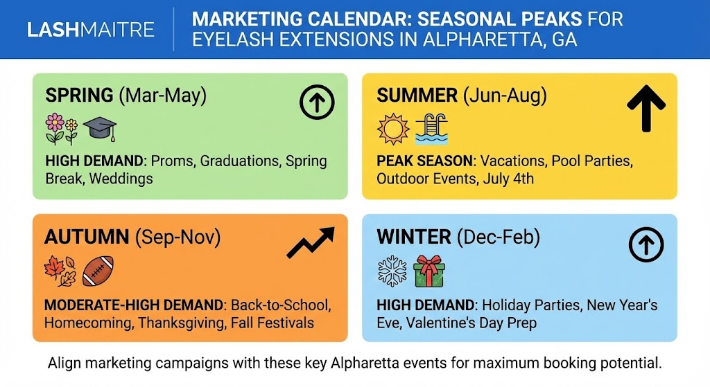 LASHMAITRE seasonal inventory planning calendar for Alpharetta salons, highlighting peak demand periods like Prom and Holiday seasons to guide restocking of wholesale lash supplies georgia.