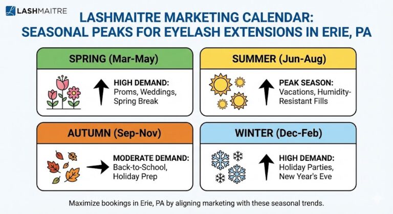 LASHMAITRE marketing calendar illustrating the seasonal demand peaks for eyelash extensions erie pa, specifically highlighting the rush during summer weddings and winter holidays.
