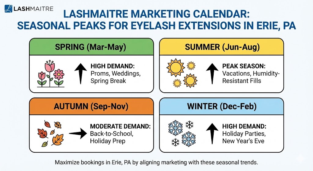 LASHMAITRE marketing calendar illustrating the seasonal demand peaks for eyelash extensions erie pa, specifically highlighting the rush during summer weddings and winter holidays.