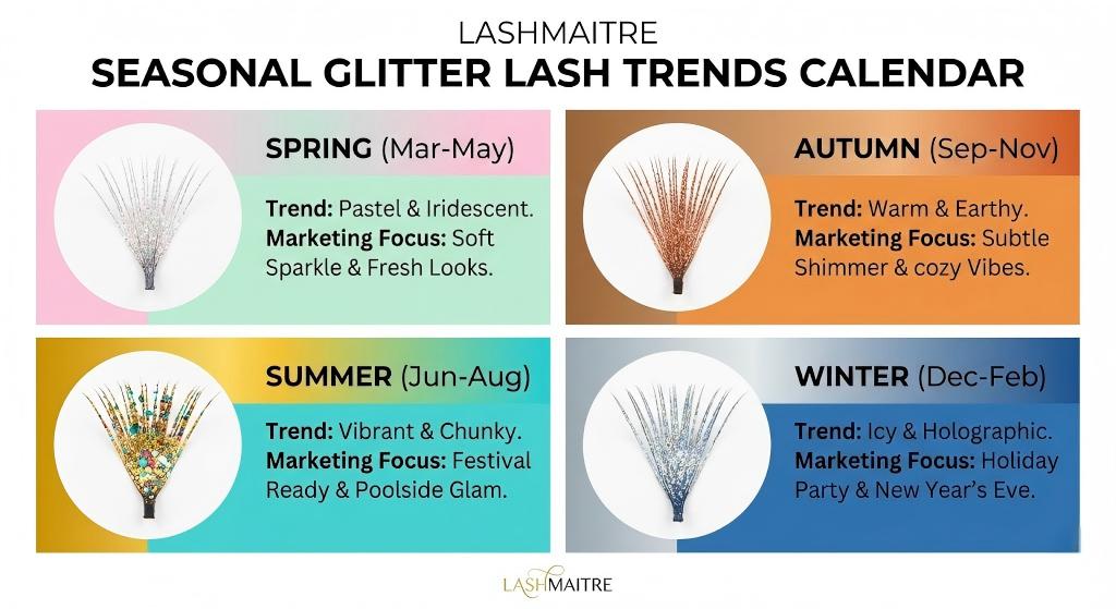 LASHMAITRE infographic calendar displaying seasonal trends and marketing focuses for various eyelash extensions glitter styles, including pastel for spring, vibrant for summer, earthy for autumn, and icy for winter.