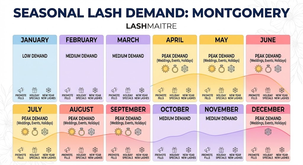 LASHMAITRE marketing calendar infographic tracking seasonal trends and peak demand months for eyelash extensions montgomery, specifically highlighting the wedding and holiday rushes.