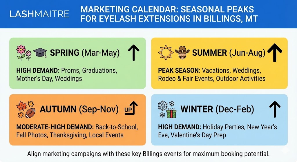 LASHMAITRE marketing calendar illustrating seasonal demand peaks in Billings, MT, serving as a guide for lash artists to plan their inventory of wholesale lash supplies montana for busy periods like summer and winter.