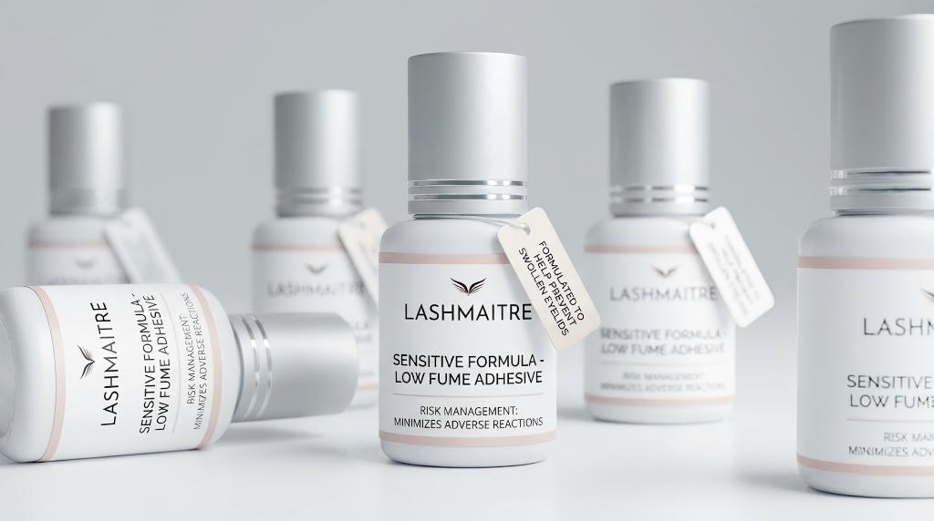 Close-up of LASHMAITRE sensitive formula low-fume adhesive bottles, with tags explicitly stating they are formulated to help prevent a swollen eyelid from eyelash extensions and minimize adverse reactions.