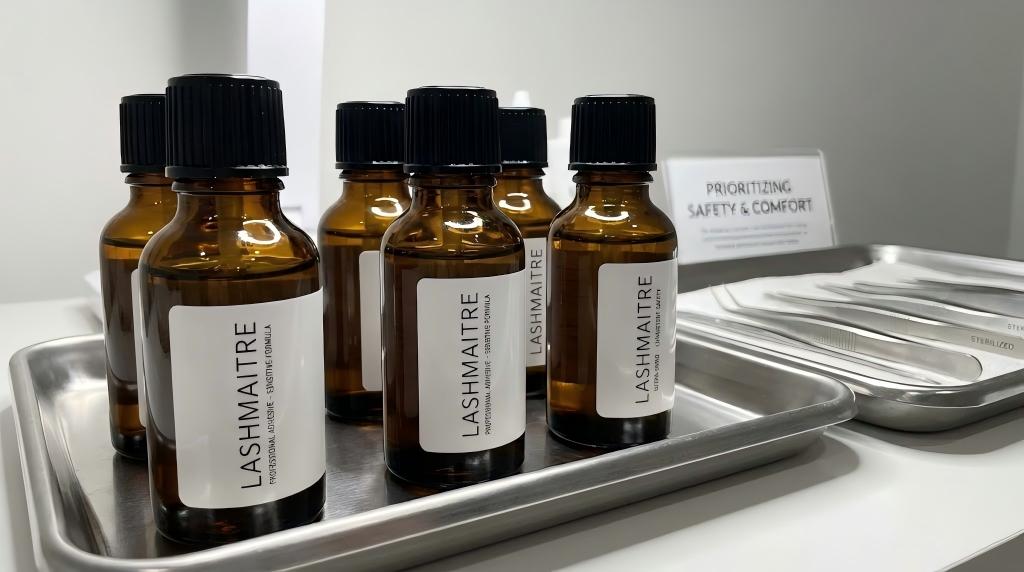 LASHMAITRE professional sensitive adhesive bottles and sterilized tools on a salon tray, emphasizing safety to prevent causing pain when blinking after extension application.