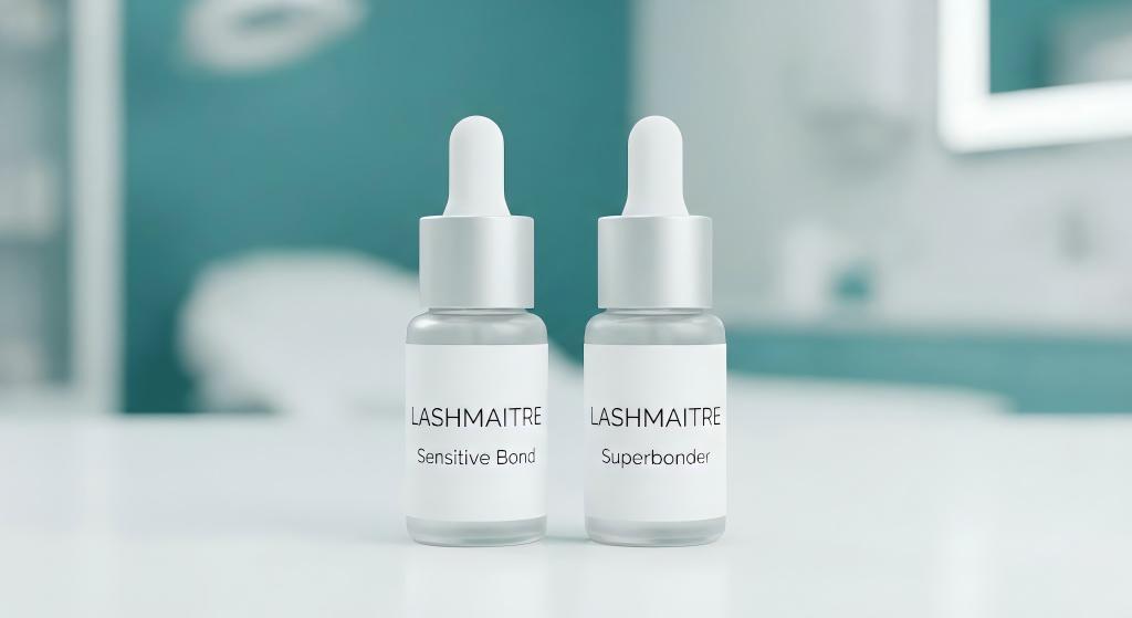 Professional product shot of LASHMAITRE Sensitive Bond and Superbonder bottles, displayed as the ultimate duo to prevent eye irritation from eyelash extensions caused by adhesive fumes.