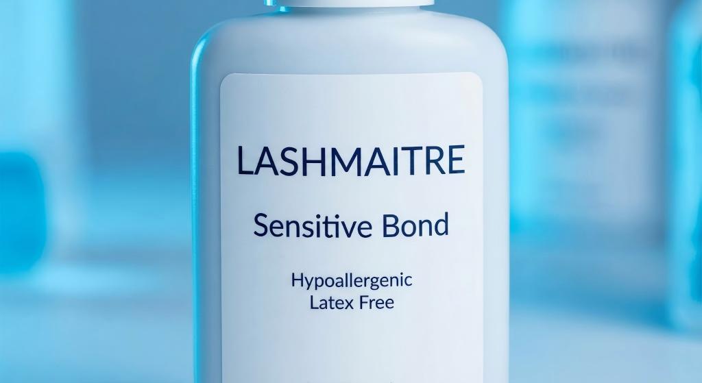 LASHMAITRE Sensitive Bond adhesive bottle, clearly labeled "Hypoallergenic" and "Latex Free", formulated to minimize risks related to eyelash extension allergy vs irritation.