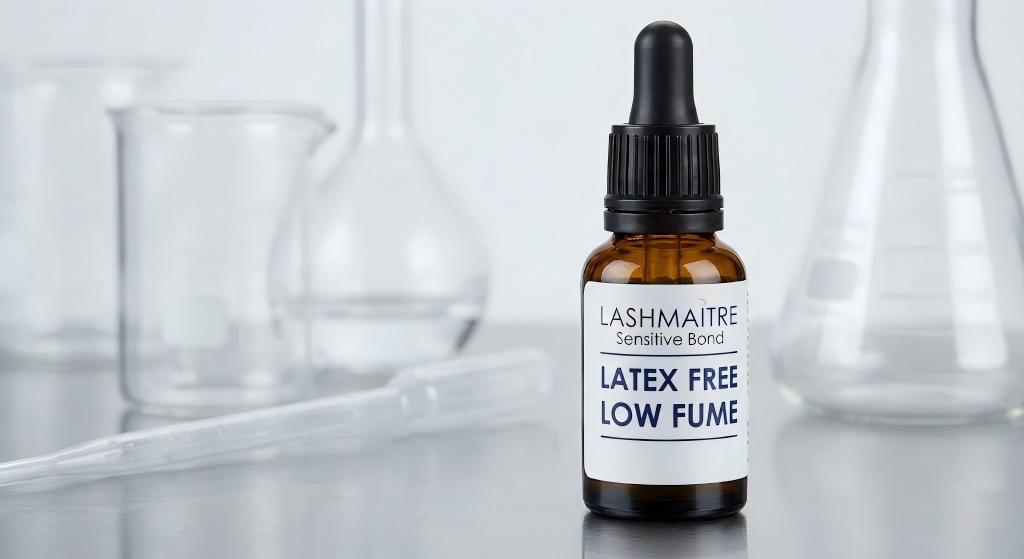 Zoomed-in label of LASHMAITRE Sensitive Bond adhesive highlighting "Latex Free" and "Low Fume", positioning it as a crucial preventative measure among long-term eyelash extension allergic reaction remedies.