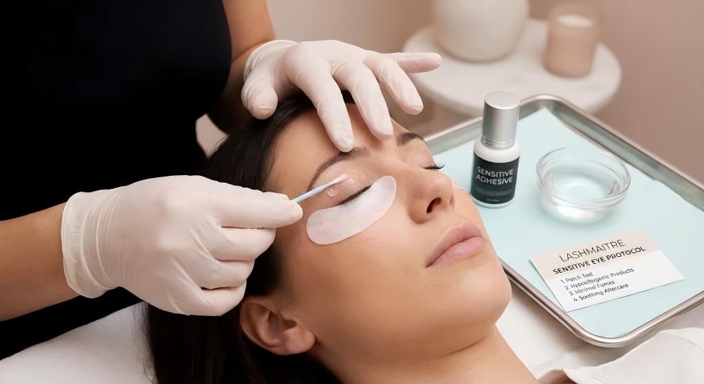 LASHMAITRE technician performing a sensitive eye protocol using hypoallergenic adhesive and a patch test to prevent eyelash extensions itchy reactions for sensitive clients.
