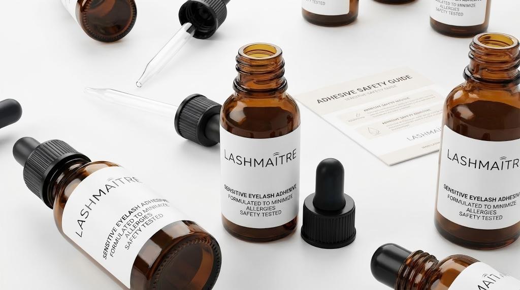 Professional studio shot of LASHMAITRE sensitive eyelash extension adhesive bottles with compliant labeling that reads "Formulated to Minimize Allergies," displayed next to an Adhesive Safety Guide card.