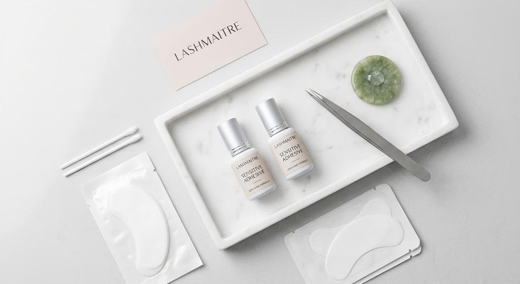 A professional flat lay photograph of a salon workspace setup featuring LASHMAITRE low-fume sensitive adhesive, tweezers, and under-eye pads, specifically designed for applying sensitive eyes eyelash extensions.