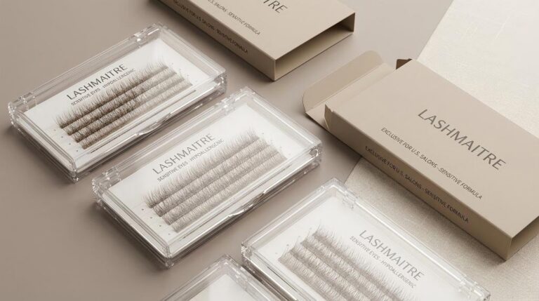 A professional display of LASHMAITRE branded hypoallergenic lash trays and private label packaging specifically designed for sensitive eyes eyelash extensions, targeted at U.S. salons on a premium neutral background.