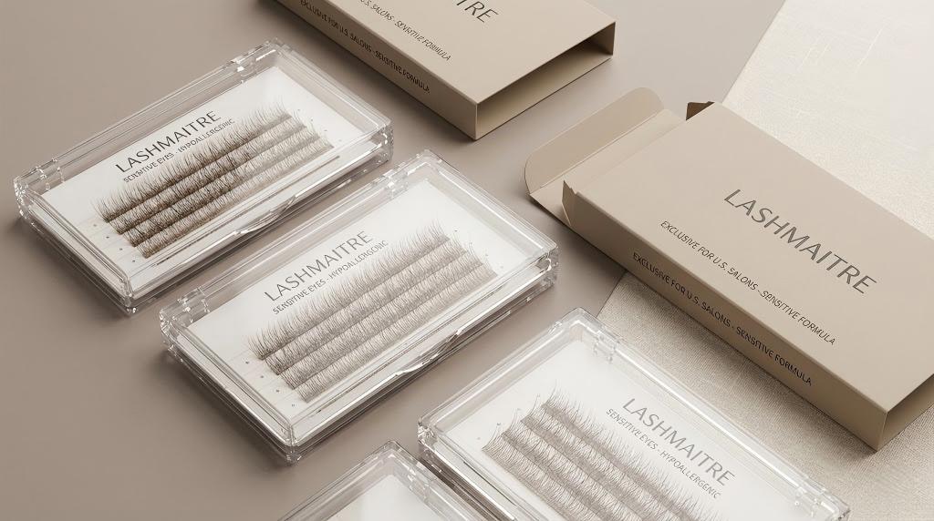 A professional display of LASHMAITRE branded hypoallergenic lash trays and private label packaging specifically designed for sensitive eyes eyelash extensions, targeted at U.S. salons on a premium neutral background.