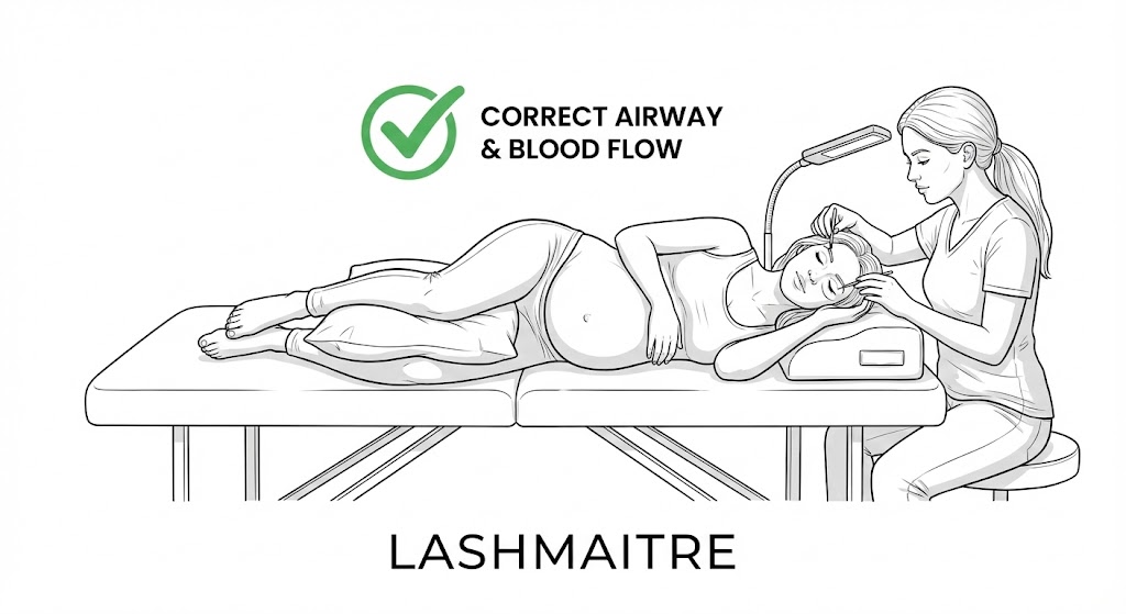 "Technical diagram by LASHMAITRE illustrating the correct side-lying position for client safety, providing a visual guide for answering 'can you have eyelash extensions when pregnant'."