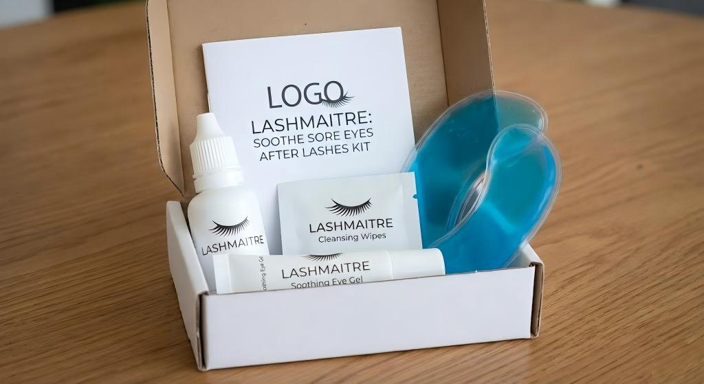 LASHMAITRE Soothe Sore Eyes After Lashes Kit, including soothing eye gel, cleansing wipes, eye drops, and blue cooling gel eye pads in a white box on a wooden table.