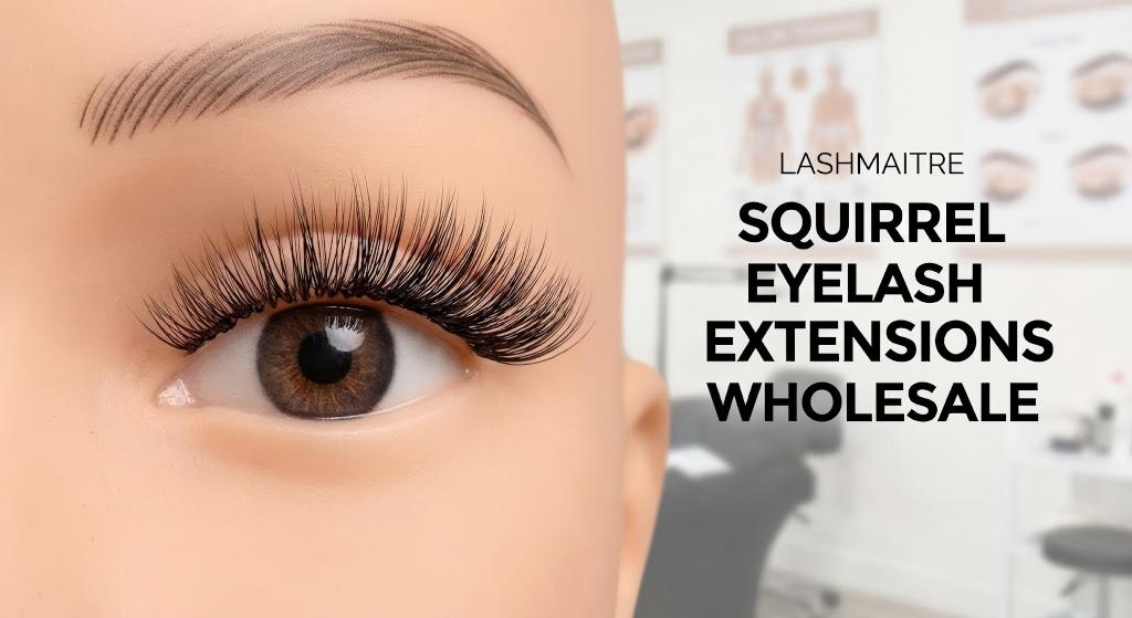 A macro close-up of a LASHMAITRE mannequin eye demonstrating the specific mapping for the squirrel style, used to showcase the quality of Squirrel Eyelash Extensions Wholesale products for professional training.