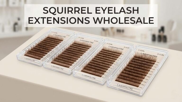 A premium B2B catalog display of LASHMAITRE trays organized by curl and length, showcasing high-quality Squirrel Eyelash Extensions Wholesale options for U.S. salon inventory.