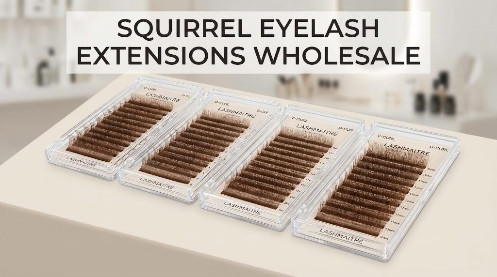 A premium B2B catalog display of LASHMAITRE trays organized by curl and length, showcasing high-quality Squirrel Eyelash Extensions Wholesale options for U.S. salon inventory.