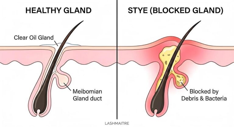 "Medical illustration by LASHMAITRE comparing a healthy eyelid to an inflamed, blocked follicle, providing a visual answer to 'can eyelash extensions cause styes' by highlighting the role of hygiene."
