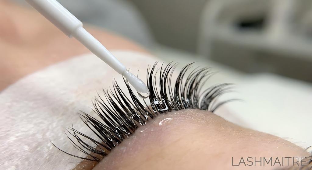 "Macro photography of a micro-brush applying Superbonder sealant to the adhesive bond, a crucial step to eliminate fumes and prevent a chemical burn from eyelash extensions, featuring LASHMAITRE branding."