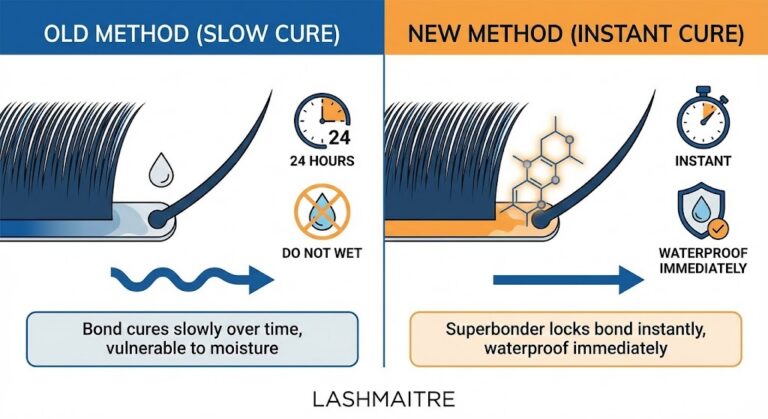 "Technical diagram by LASHMAITRE illustrating the difference between slow curing and instant Superbonder curing, providing a visual answer to 'can i get my eyelash extensions wet' immediately."