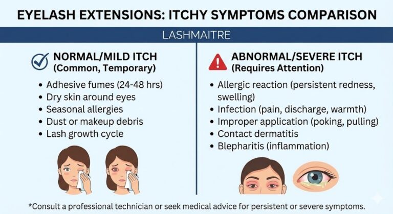 LASHMAITRE health and safety infographic comparing normal mild irritation versus severe symptoms to help clients identify why their eyelash extensions itchy sensations might be occurring.