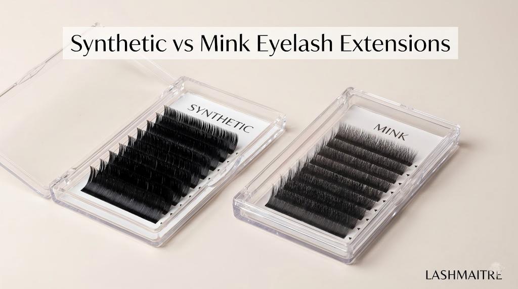 A professional side-by-side comparison of LASHMAITRE lash trays showing the texture and finish differences between Synthetic vs Mink Eyelash Extensions for wholesale buyers.