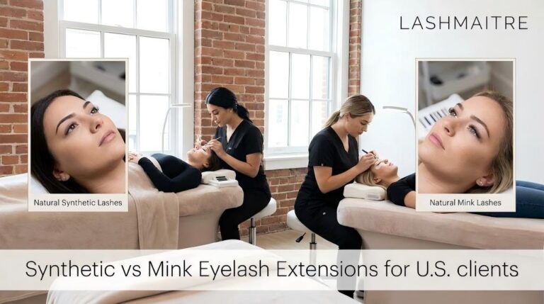 A professional split-screen comparison in a U.S. salon showing LASHMAITRE technicians applying "Natural Synthetic Lashes" versus "Natural Mink Lashes" to models, illustrating the Synthetic vs Mink Eyelash Extensions debate for clients.