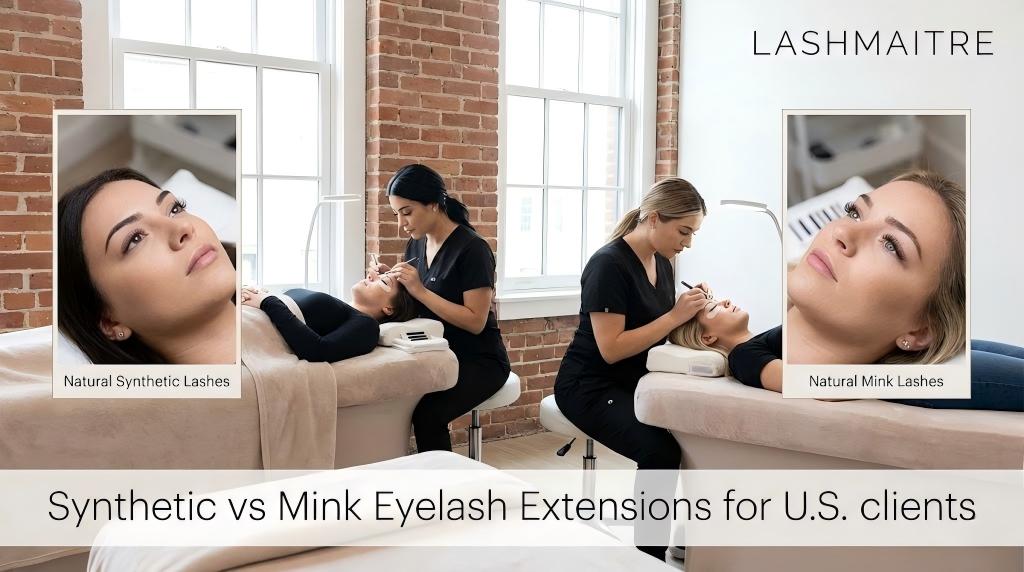 A professional split-screen comparison in a U.S. salon showing LASHMAITRE technicians applying "Natural Synthetic Lashes" versus "Natural Mink Lashes" to models, illustrating the Synthetic vs Mink Eyelash Extensions debate for clients.