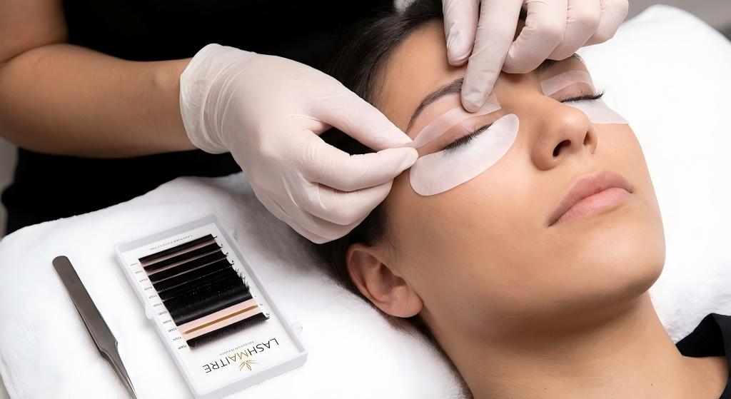 LASHMAITRE technician applying a taping technique to lift the eyelid skin, facilitating the precise application of eyelash-extensions-hooded-eyes by exposing the lash line.