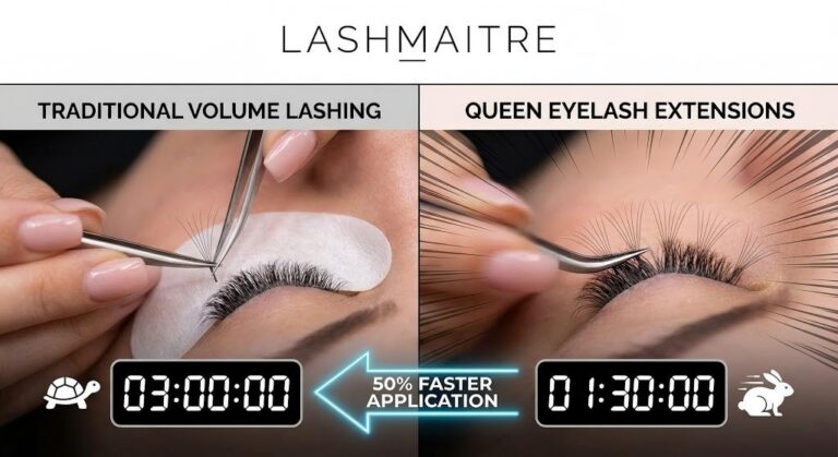 LASHMAITRE infographic comparing application speeds: "Traditional Volume Lashing" (03:00:00, turtle icon) versus "Queen Eyelash Extensions" using rapid promade fans (01:30:00, rabbit icon), illustrating a "50% Faster Application".