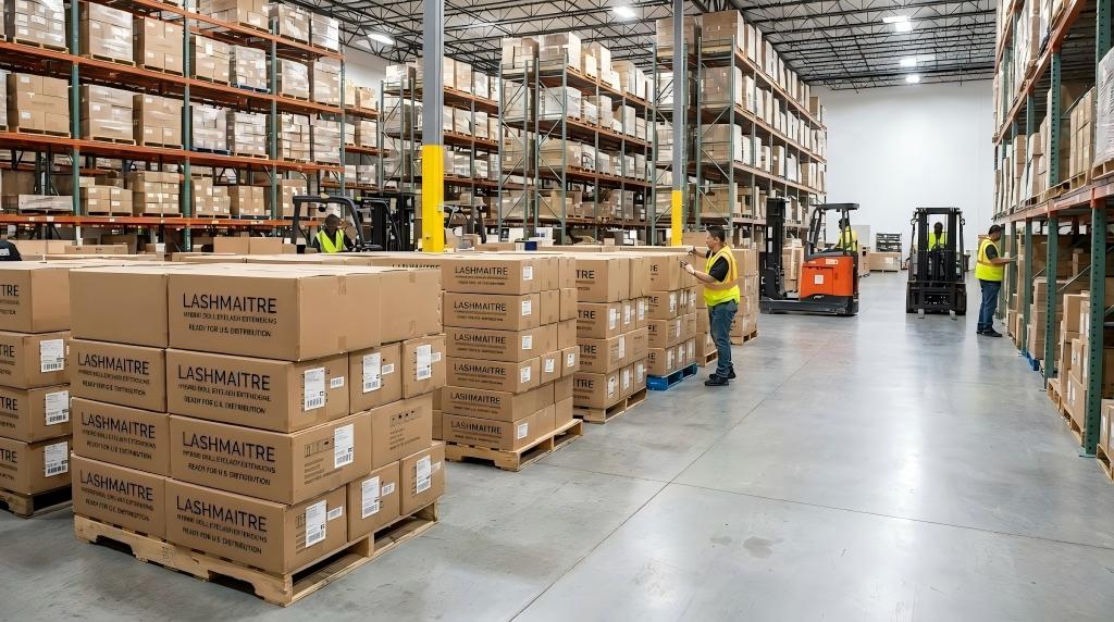 A busy LASHMAITRE U.S. distribution warehouse filled with pallets of cartons labeled for hybrid doll lashes wholesale supply.