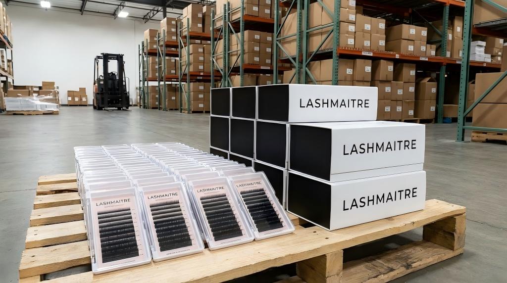 A large US warehouse inventory of LASHMAITRE private label boxes and mixed-fiber trays, ready for hybrid doll lashes wholesale distribution.