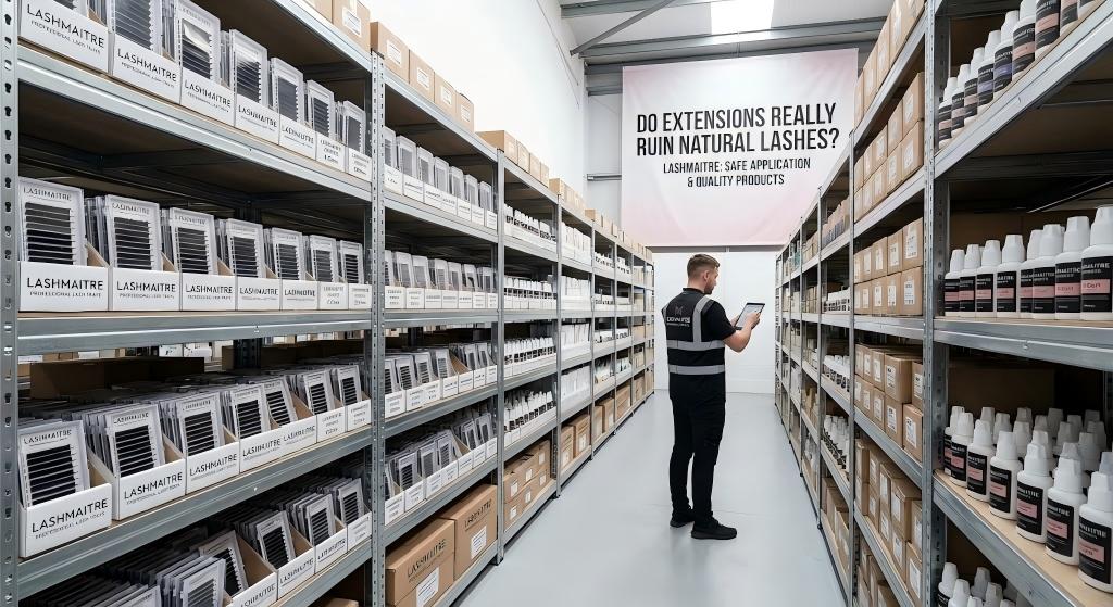 A wide view of the LASHMAITRE warehouse featuring a large banner that explicitly asks the question "Do extensions really ruin natural lashes?" and answers with "SAFE APPLICATION & QUALITY PRODUCTS."