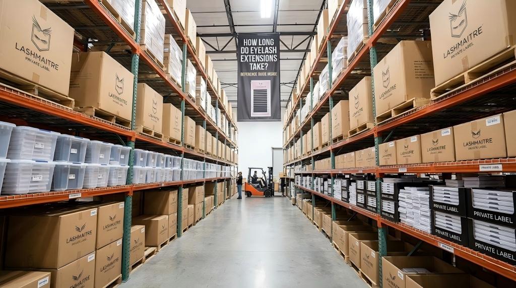 A wide view of the LASHMAITRE private label warehouse filled with inventory boxes, featuring a large hanging banner that addresses the question: how long do eyelash extensions take?