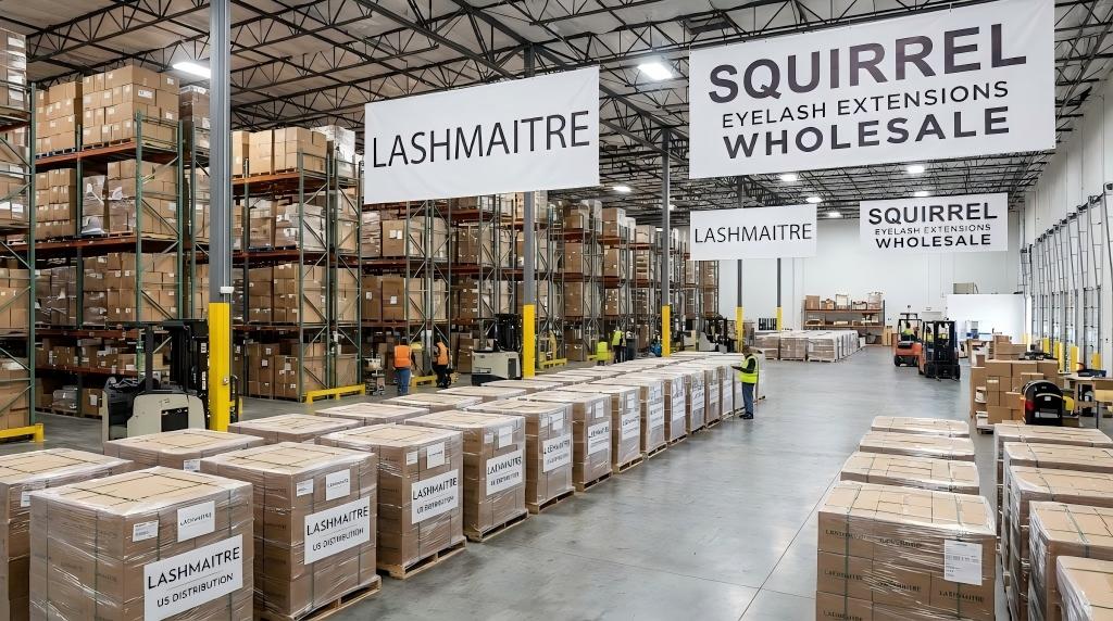 A LASHMAITRE warehouse filled with bulk pallets of private label squirrel eyelash extension cartons, organized for US distribution and showcasing B2B logistics for Squirrel Eyelash Extensions Wholesale.