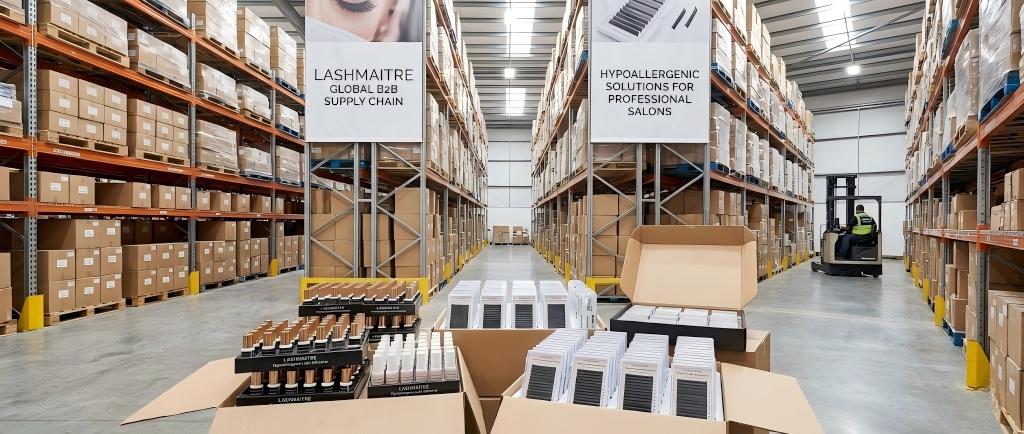 A large LASHMAITRE distribution warehouse stocked with bulk hypoallergenic adhesives and lash trays designed to address eyelash extension allergies in professional salons globally.