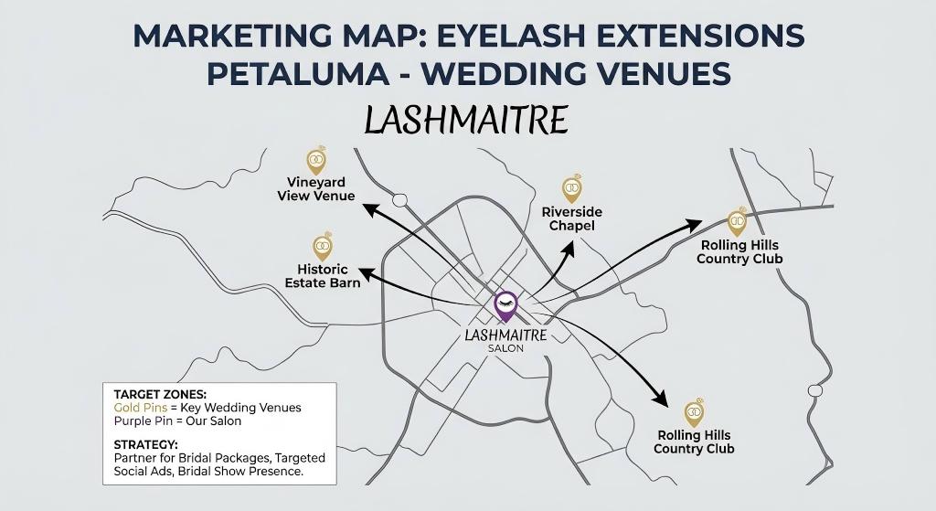 Strategic marketing map for LASHMAITRE eyelash extensions in Petaluma, highlighting key wedding venues and vineyards to target for bridal service partnerships.