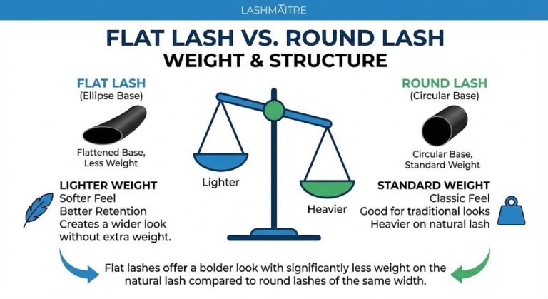 LASHMAITRE infographic comparing the structure and weight of flat lash extensions vs. round lashes, illustrating how the ellipse base makes flat lashes significantly lighter and softer.