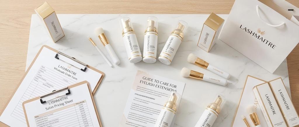 Flat lay display of LASHMAITRE wholesale aftercare products, cleansers, and brushes, alongside a printed guide detailing proper care for eyelash extensions for salon retail.