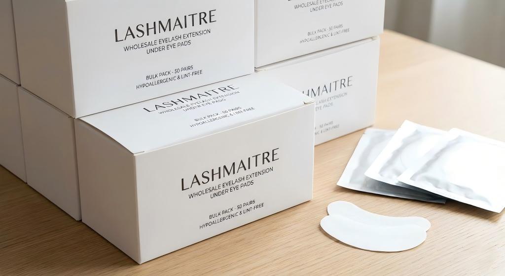 LASHMAITRE wholesale packaging display featuring the best under eye pads for lash extensions, showcasing bulk 50-pair boxes of hypoallergenic, lint-free hydrogel patches.