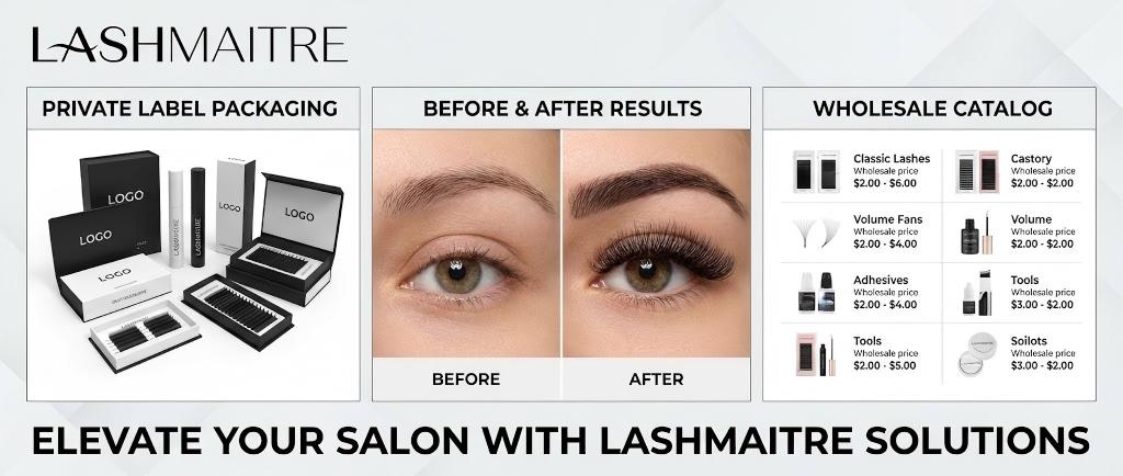 A professional LASHMAITRE wholesale catalog layout displaying private label lash products alongside high-quality photos demonstrating proven eyelash extension results for B2B marketing.