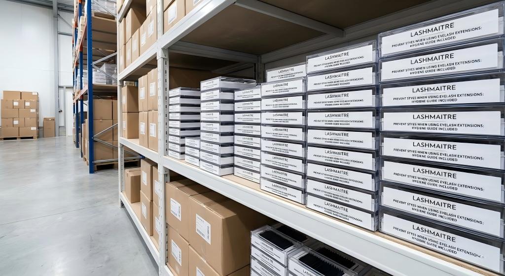 Stacks of LASHMAITRE wholesale eyelash extension trays stored on warehouse shelves, featuring labels that prominently advertise an included hygiene guide to help prevent styes when using eyelash extensions.