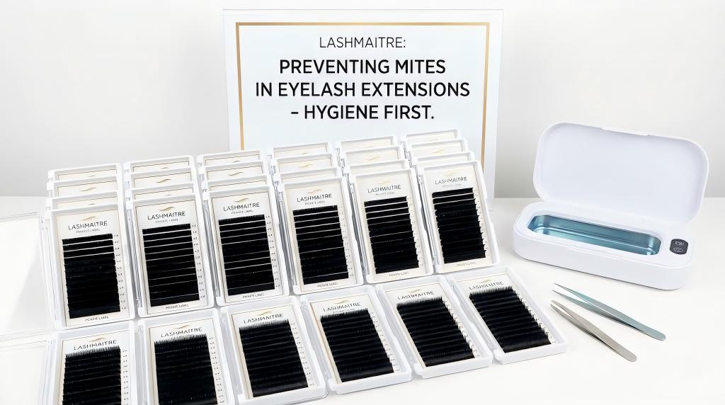 A professional display of LASHMAITRE wholesale eyelash extension trays alongside a UV sterilizer and tweezers, featuring a prominent sign that reads "PREVENTING MITES IN EYELASH EXTENSIONS - HYGIENE FIRST."