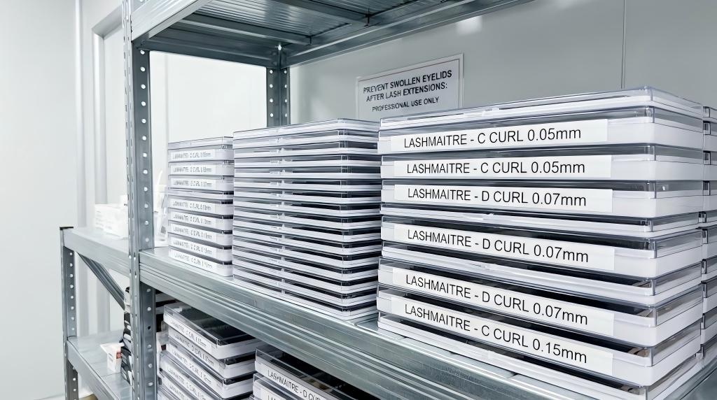 Close-up view of organized LASHMAITRE professional eyelash extension trays in a B2B wholesale setting, with a background sign emphasizing safety protocols to "prevent swollen eyelids after lash extensions".