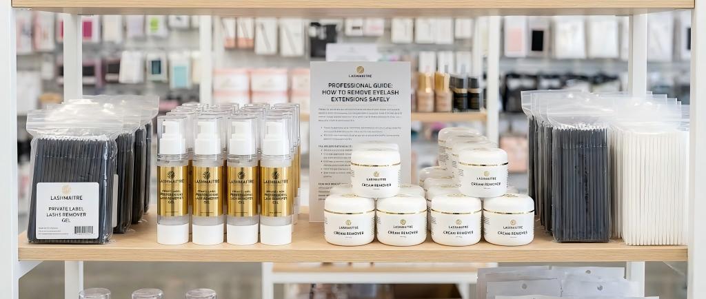 Wholesale display of LASHMAITRE gel and cream removers with a professional guide demonstrating how to remove eyelash extensions safely to protect natural lashes.