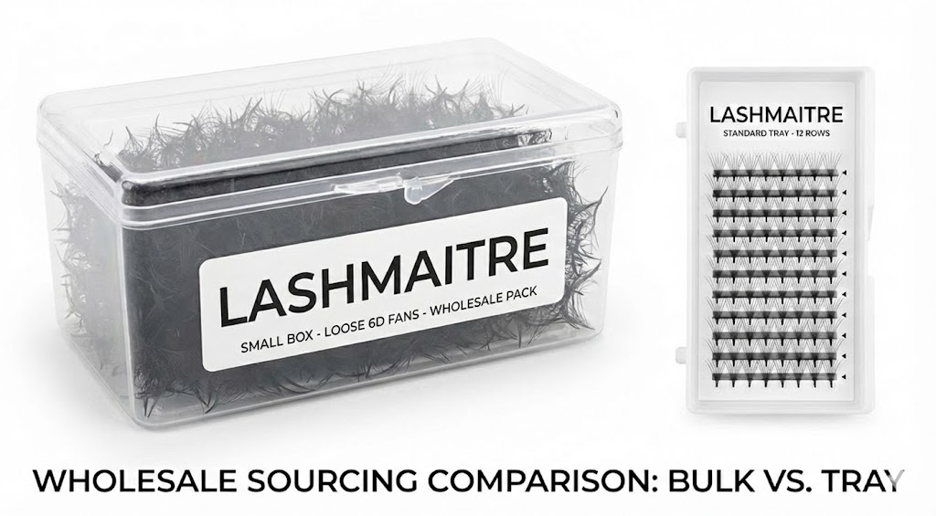 A comparison showing a large LASHMAITRE bulk box of 1000 loose fans next to a standard 12-row tray, illustrating sourcing options for wholesale 6d premade fans.