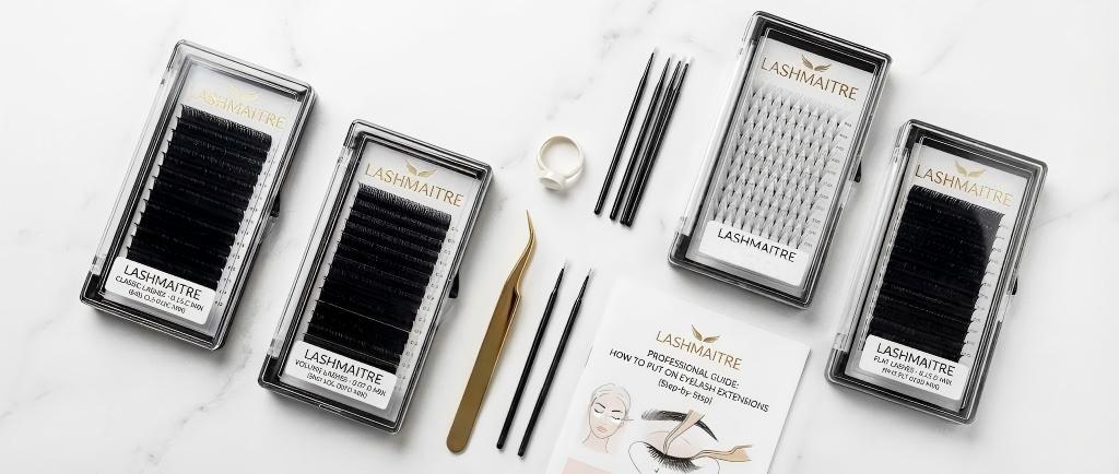 Flat lay display of LASHMAITRE professional lash trays (Classic, Volume, YY, and Flat) used by technicians when learning how to put on eyelash extensions for different styles.