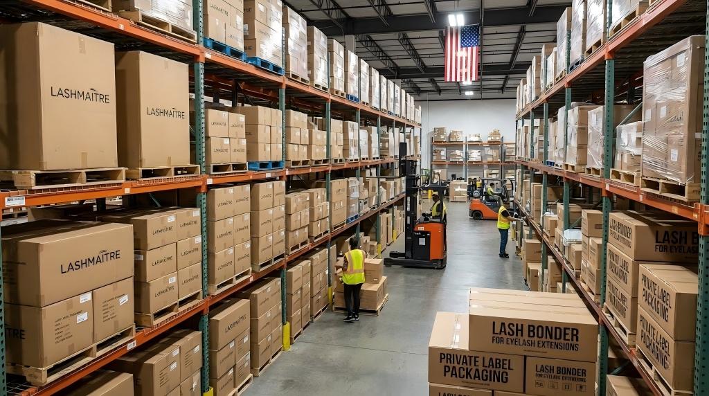 A bustling US logistics warehouse filled with pallets of LASHMAITRE cartons, specifically labeled as lash bonder for eyelash extensions and private label packaging, ready for wholesale distribution.